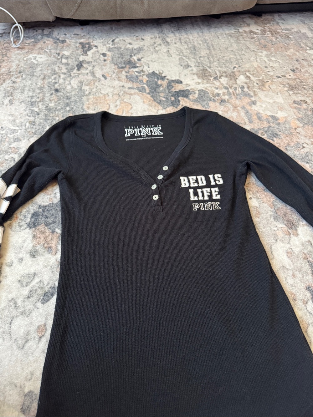 PINK Victoria's Secret Black 'Bed Is Life' Long Sleeve Sleep Shirt - Picture 2 of 4